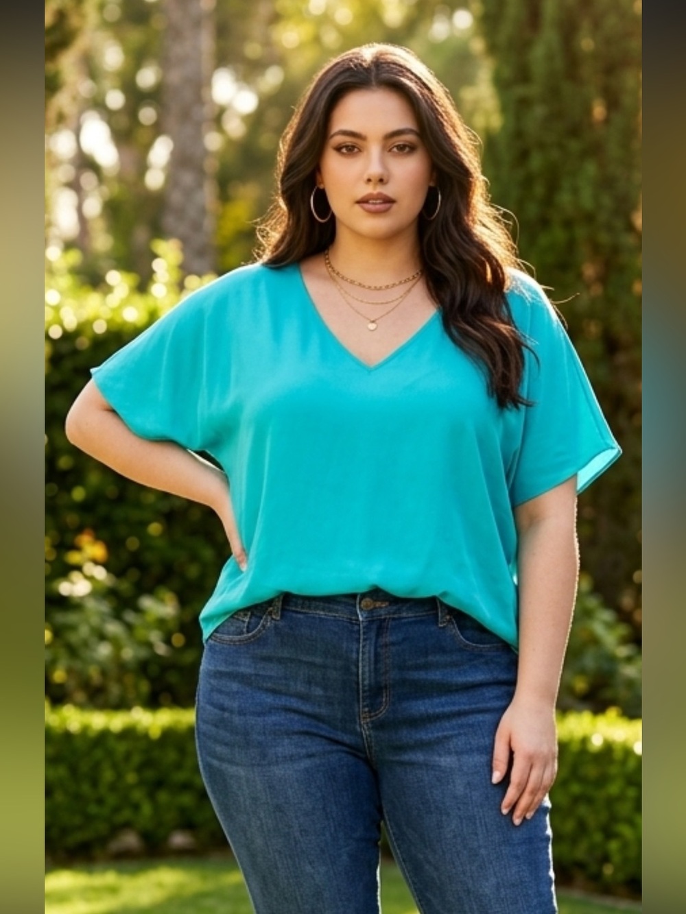 Halogen Teal V-Neck Short Sleeve Silk Blend Blouse